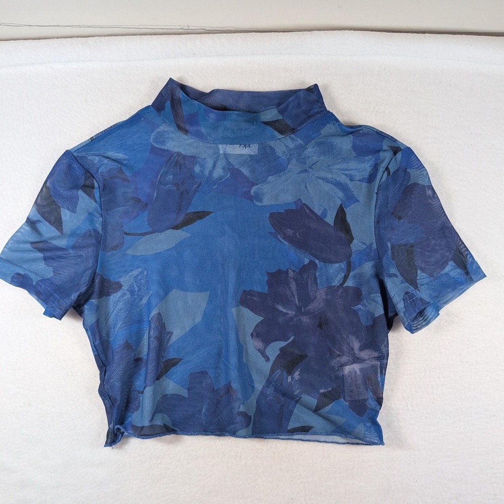 Princess Polly Mesh Set Womens 0 Blue Floral Crop Top Flare Pants 2 Piece - Picture 2 of 10
